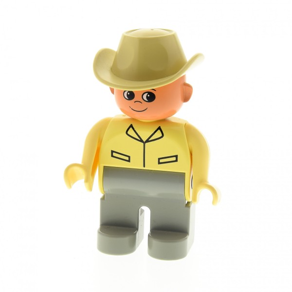 1x Lego Duplo Figur Mann grau Cowboy Jacke beige Hut 4555pb039