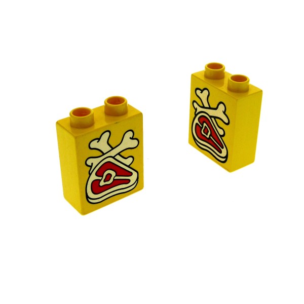2 x Lego Duplo Motivstein gelb 1x2x2 bedruckt Fleisch Knochen Steak Bild Bau Stein 4066pb012