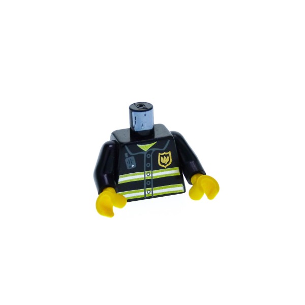 1 x Lego System Torso Oberkörper Figur Feuerwehr Mann Frau schwarz Uniform Reflektierende Streifen Hände gelb 973pb0300c01 