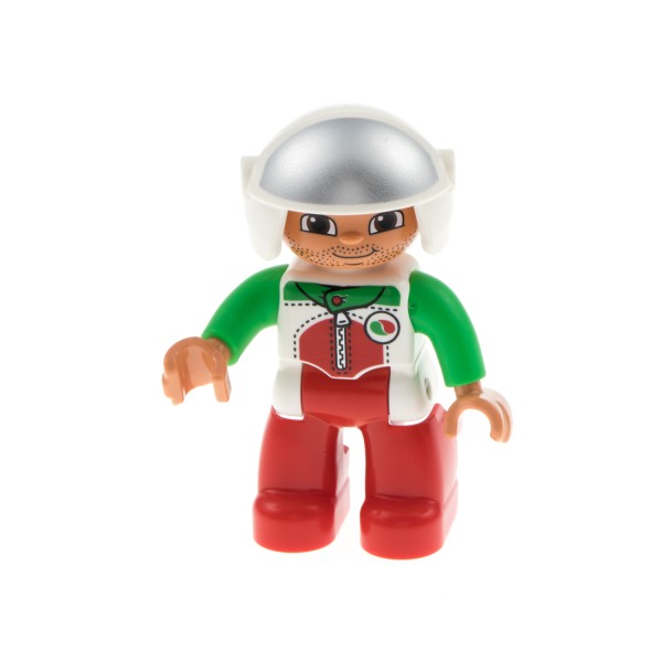 1x Lego Duplo Figur Mann rot Ralleyfahrer Jacke weiß Octan Logo Helm 47394pb183