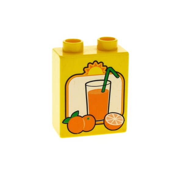 1x Lego Duplo Motivstein 1x2x2 gelb bedruckt Orangen Saft 6031301 76371pb007