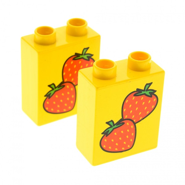 2 x Lego Duplo Motivstein gelb 1x2x2 bedruckt Frucht Früchte Erdbeere Bau Stein für Set 2833 9194 9129 2825 2834 4066pb076