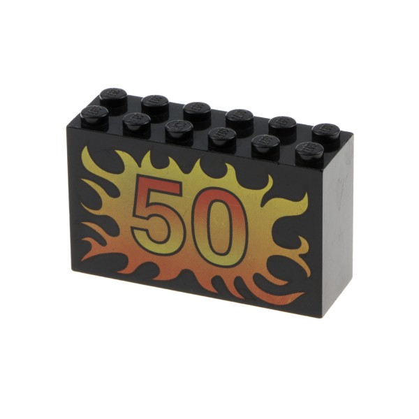 1x Lego Motiv Bau Stein schwarz 2x6x3 Flammen gelb rot Nr.50 bedruckt 6213pb09