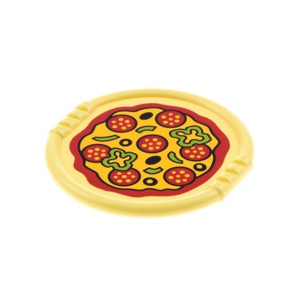 1x Lego Duplo Teller hell gelb bedruckt Pizza Salami Paprika Oliven 27372pb03