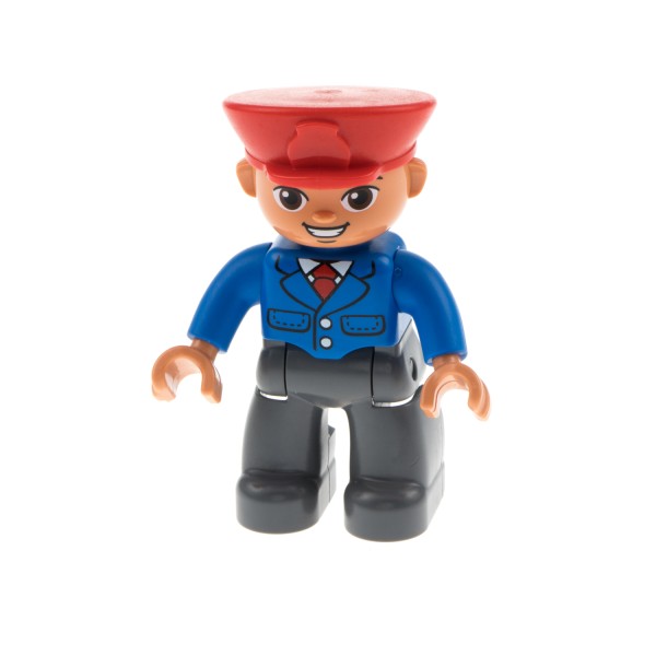 1x Lego Duplo Figur Mann grau Schaffner Jacke blau Mütze rot 47394pb165a