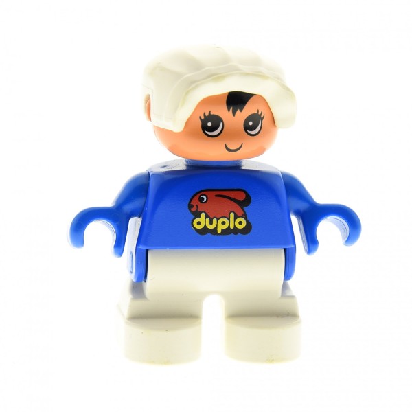 1 x Lego Duplo Figur Kind B-Ware abgenutzt Baby Type 2 Hose weiss Pullover blau Lätzchen mit Duplo Hase Logo Häubchen weiß 6453pb027