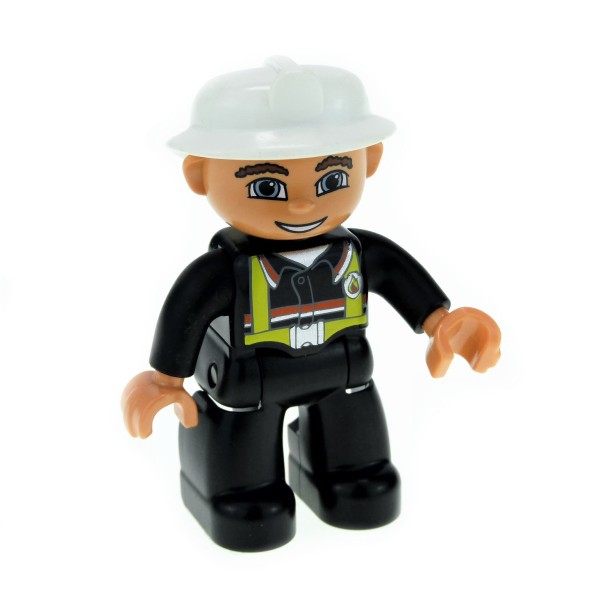1x Lego Duplo Figur Mann schwarz Feuerwehr Helm weiß Augen blau 47394pb122