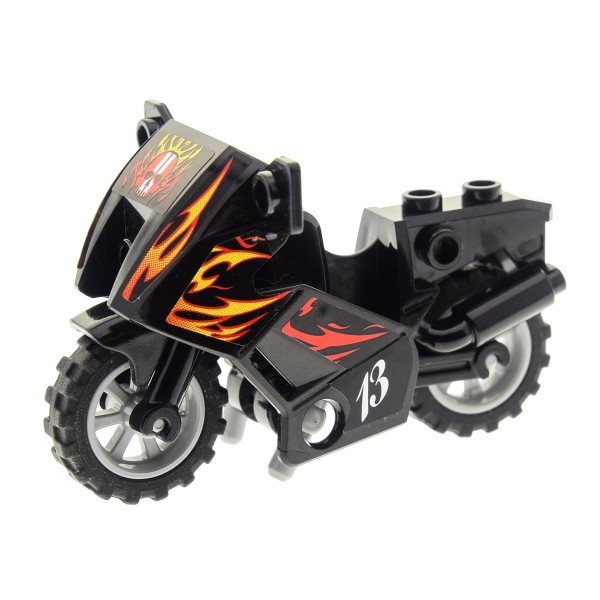 1x Lego Motorrad schwarz Flammen Nummer 13 Fahrgestell Ständer 8896 52035c02pb07