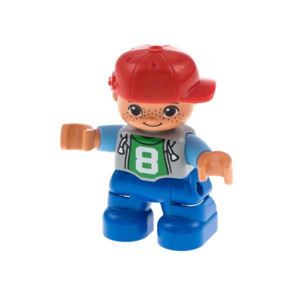1x Lego Duplo Figur Kind Junge blau Jacke grau ´8´ Aufdruck Mütze 47205pb026a