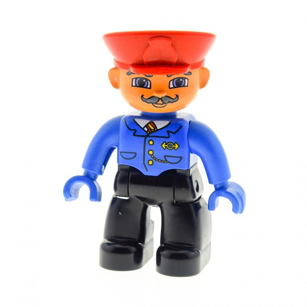 1x Lego Duplo Figur Schaffner Schnurrbart grau Hände blau Lokführer 47394pb038
