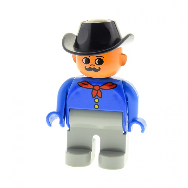 1x Lego Duplo Figur Mann grau Cowboy Hemd blau Hut schwarz 4555pb088
