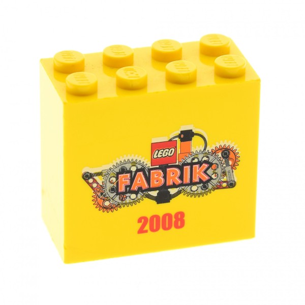 1 x Lego System Bau Stein gelb 2x4x3 bedruckt LEGO Fabrik 2008 (Schrift orange) Motivstein 30144pb048