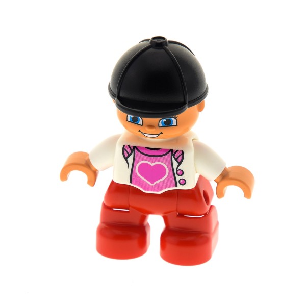 1x Lego Duplo Figur Kind Mädchen rot Top weiß Herz rosa Reiter Kappe 47205pb029