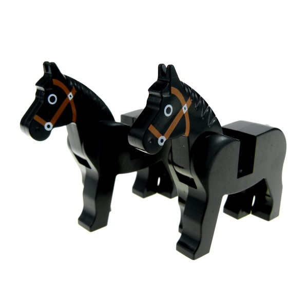 2x Lego Tier Pferd schwarz Zügel braun Western Bauernhof Burg Ritter 4493c01pb02