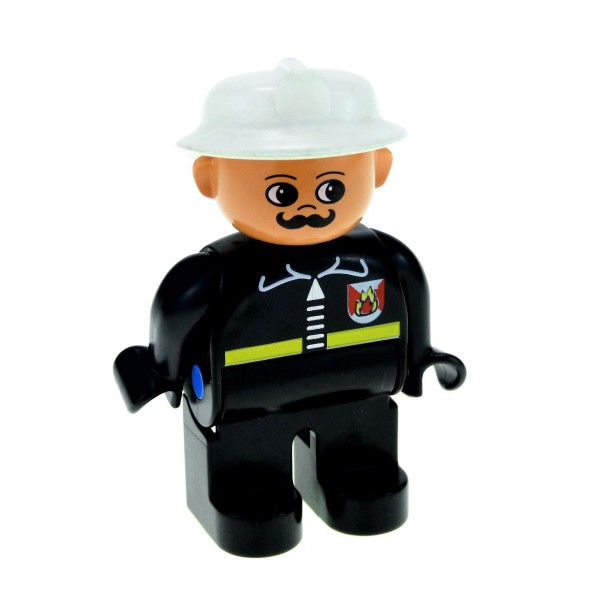 1x Lego Duplo Figur Mann schwarz Helm weiß Schnurrbart Feuerwehr 4555pb043