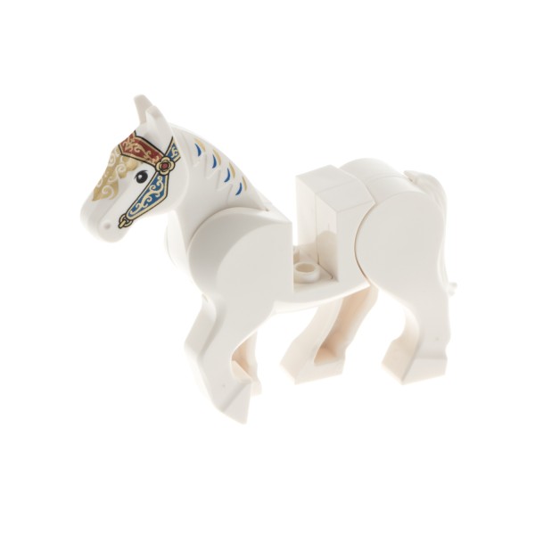 1x Lego Tier Pferd weiß bedruckt Muster gold rot Beine beweglich 10352c01pb05