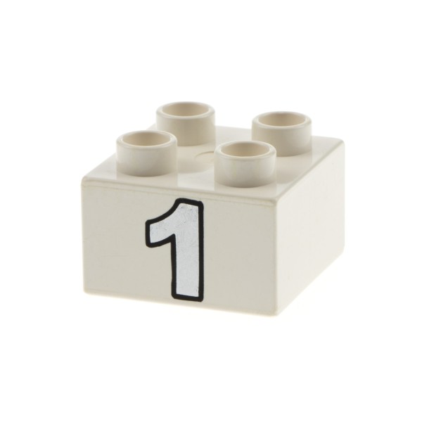 1x Lego Duplo Basic Bau Stein 2x2 weiß bedruckt Nr. 1 silber Set 4693 3437pb023