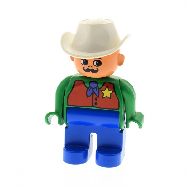 1x Lego Duplo Figur Mann blau grün rot Hut weiß Cowboy Sheriff Stern 4555pb118