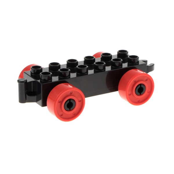 1x Lego Duplo Auto Anhänger schwarz 2x6 Reifen rot Schiebe Zug mit Steg 11248c02