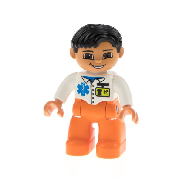 1x Lego Duplo Figur Mann orange Arzt Jacke ID Ausweis EMT Logo 47394pb086