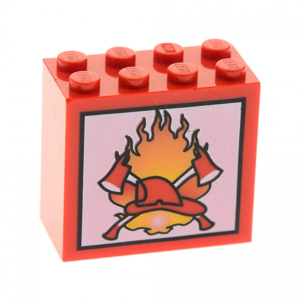 1 x Lego System Bau Stein rot 2x4x3 bedruckt Feuerwehr Logo Axt Flamme Helm Motivstein Set 4657 30144pb019