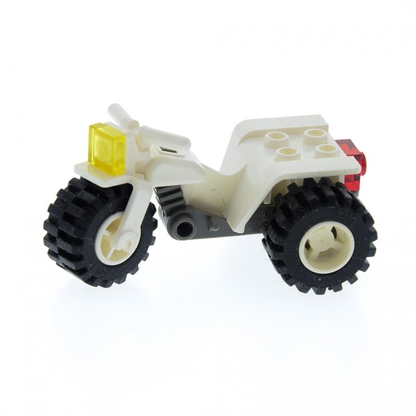 1 x Lego System Motorrad Trike weiss alt-dunkel grau Rad Felge weiß Chassis Fahrzeug Bike Tricycle mit Scheinwerfer gelb glatt Rücklicht rot Noppe 30187c01