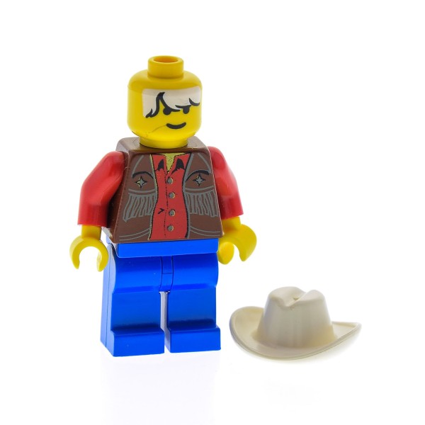 1 x Lego System Figur Mann Western Cowboy Torso bedruckt Weste Beine blau Cowboy Hut weiss 6762 6764 973px53c01 ww012