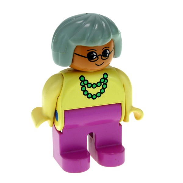 1x Lego Duplo Figur Frau pink Bluse gelb Haare grau Oma Mutter 4555pb191