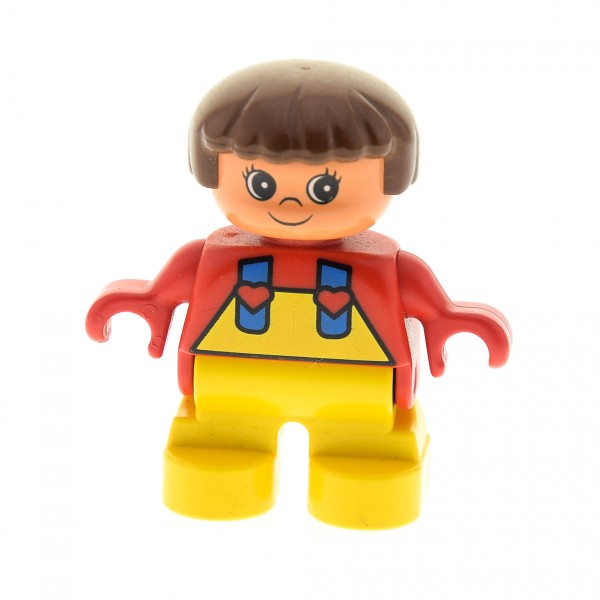 1x Lego Duplo Figur Kind Mädchen gelb Hosenträger Herz Top rot 6453pb011