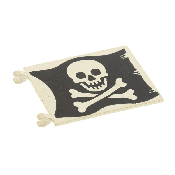 1 x Lego System Fahne B-Ware abgenutzt creme weiss schwarz 6 x 4 bedruckt Jolly Roger Toten Schädel Totenkopf Piraten Flagge 2 Clips 2525p01