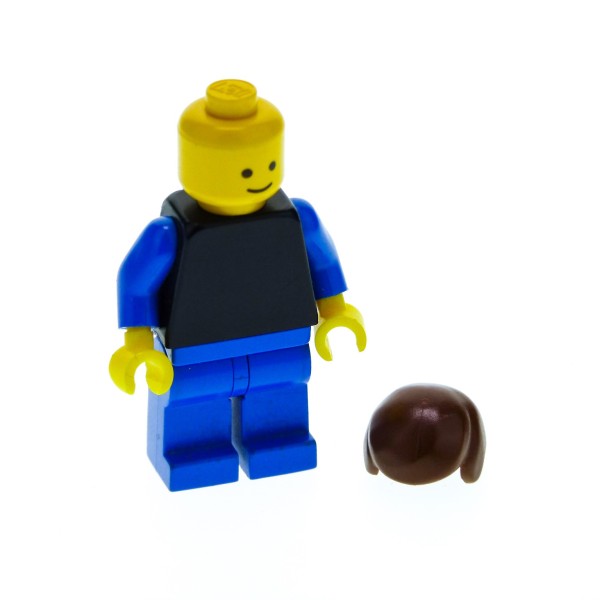 1 x Lego System Figur Mann Classic Town Torso schwarz Arme blau Hände gelb Hüfte Beine blau Kopf Standard Haare kurz braun pln087