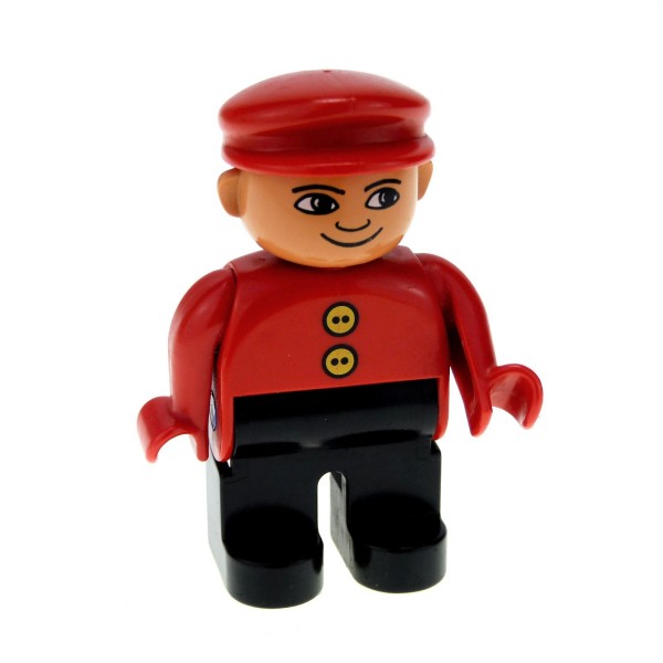 1x Lego Duplo Figur Mann schwarz Oberteil rot Knöpfe Hut rot 4555pb117