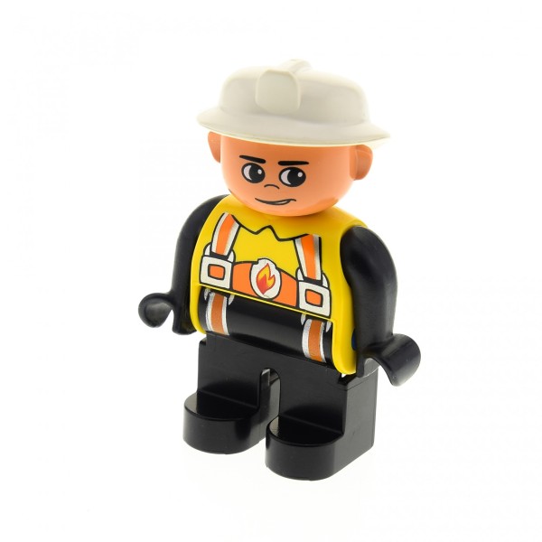 1x Lego Duplo Figur Mann schwarz Jacke gelb Helm Feuerwehr 4555pb250