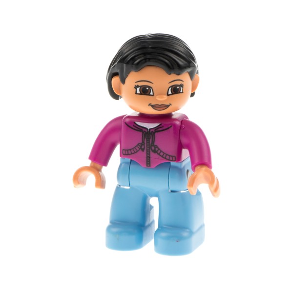 1x Lego Duplo Figur Frau Mutter hell blau Jacke magenta Augen braun 47394pb015