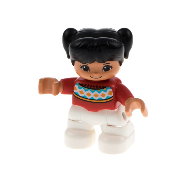 1x Lego Duplo Figur Kind Mädchen weiß Pullover rot Haare schwarz 47205pb052