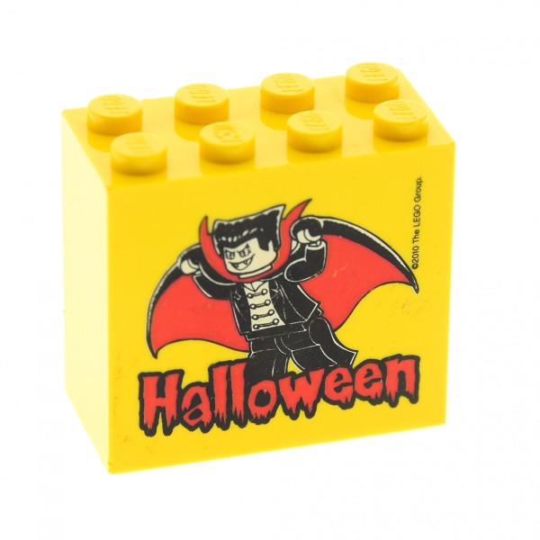 1x Lego Bau Motivstein 2x4x3 gelb bedruckt Halloween Dracula Vampir 30144pb091
