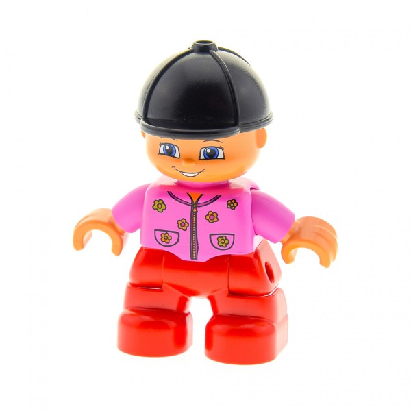 1x Lego Duplo Figur Kind Mädchen rot Jacke rosa Blumen Reiter Kappe 47205pb018
