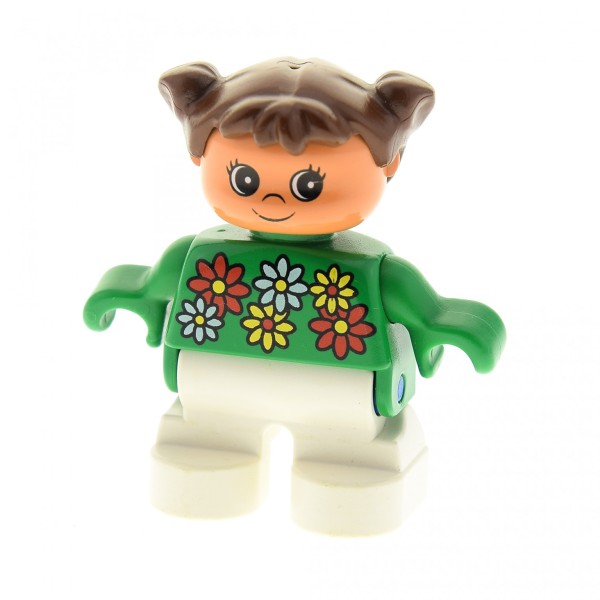 1x Lego Duplo Figur Kind Mädchen weiß Shirt grün Blümchen Zöpfe 6453pb026