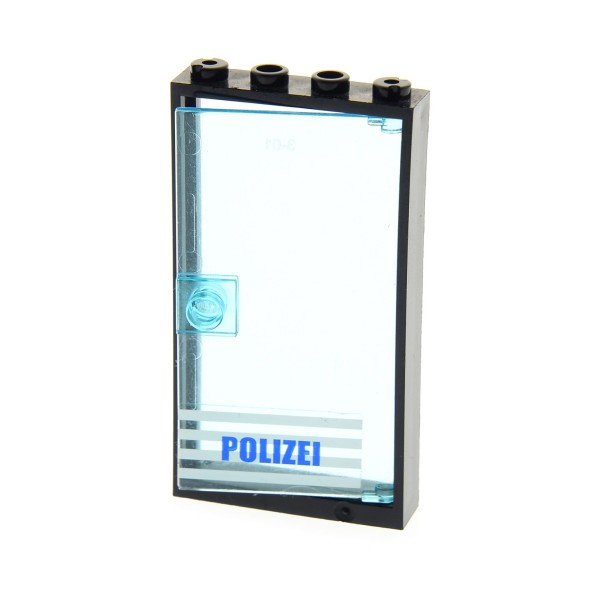 1 x Lego System Tür Rahmen schwarz 1x4x6 Scheibe Flügel Glas transparent hell blau mit Sticker POLIZEI 60616pb005 4110024 30179