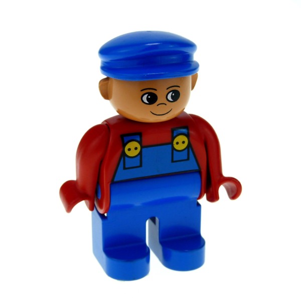 1x Lego Duplo Figur Mann blau rot Latzhose Hut blau Nase nach oben 4555pb027