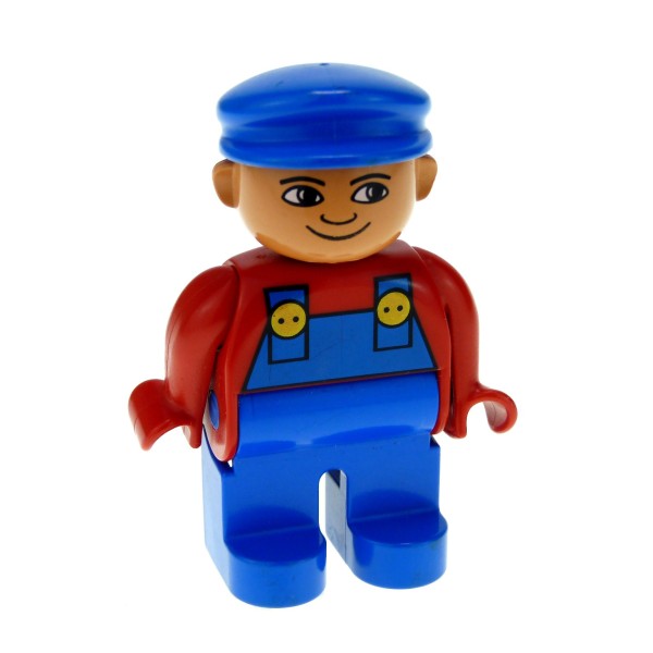 1x Lego Duplo Figur Mann blau Oberteil rot Hut Nase nach unten 4555pb155