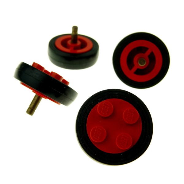 4 x Lego System Rad schwarz rot Räder Felge mit 2x2 Noppen Gummi Reifen glatt 70er Jahre Auto Train 7039c01