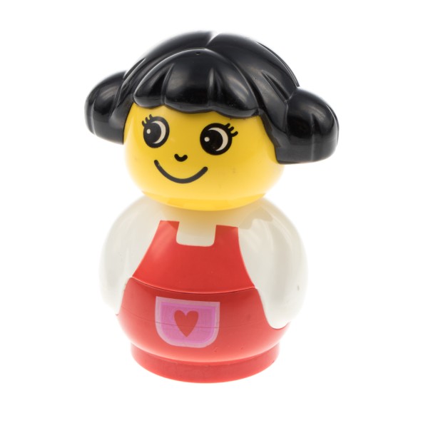 1x Lego Duplo Primo Figur Mädchen rot weiß Herz Haare schwarz Zöpfe baby022
