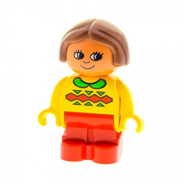 1x Lego Duplo Figur Kind Mädchen rot Pullover gelb Muster Haare braun 4943pb006