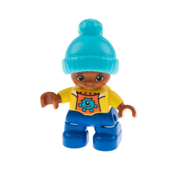 1x Lego Duplo Figur Kind Junge blau Pullover gelb orange Pudelmütze 47205pb047
