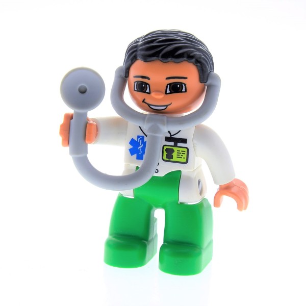 1x Lego Duplo Figur Mann hell grün Arzt Jacke weiß Stethoskop 47394pb143