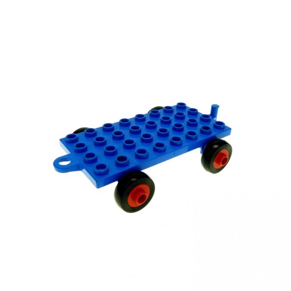 1 x Lego Duplo Anhänger blau leicht beschädigt 4 x 8 Trailer Auto Haken Öse  Fahrzeug Reifen Gummi Achse Metall alt rar dupbaseold