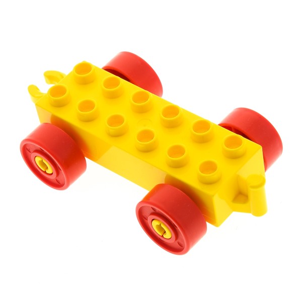 1x Lego Duplo Anhänger 2x6 gelb Räder rot Kupplung offen mit Steg 11248c02