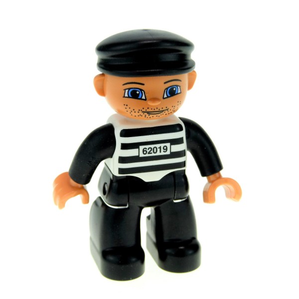 1x Lego Duplo Figur Mann schwarz Oberteil weiß gestreift Gefängnis 47394pb035