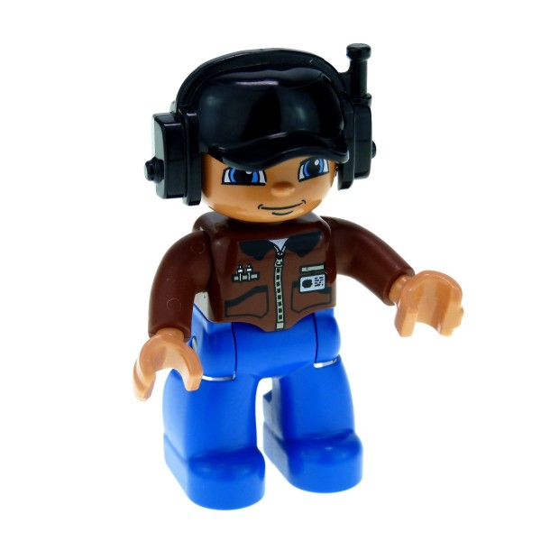 1x Lego Duplo Figur Mann blau braun Basecap Headset schwarz Pilot 47394pb121